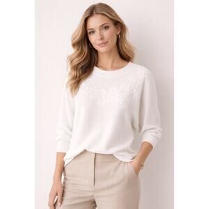 Ann Taylor White Floral Applique Dolman Sleeve Ribbed Sweater Small Cottagecore